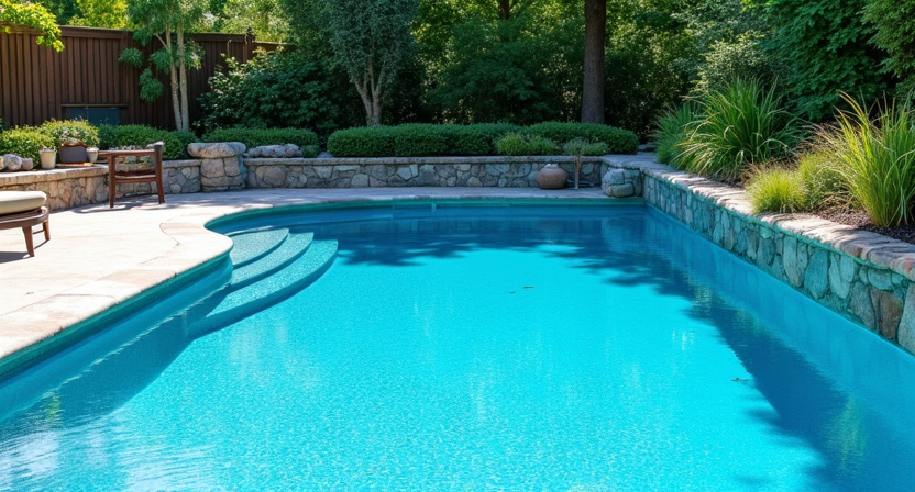 Piscine rénovée en résine, finition bleu lagon